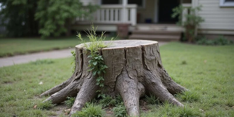 Tree stump before grinding in Austin yard