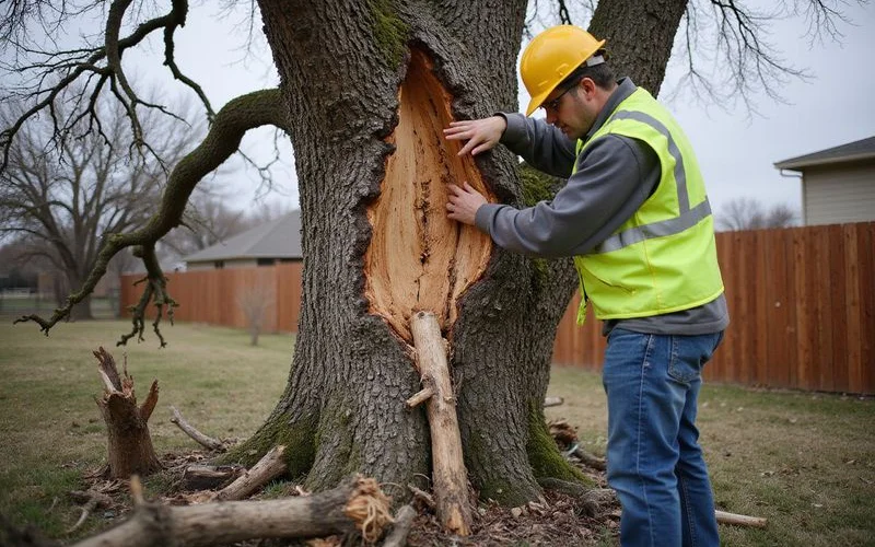 Arborist inspecting ice damaged pecan tree trunk with cracked bark and broken limbs