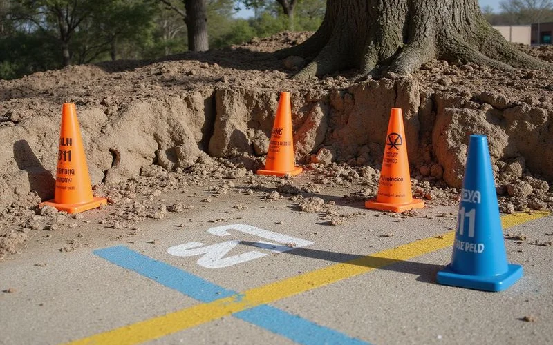 Austin 811 utility marking flags and paint on ground next to tree roots on construction preparation site