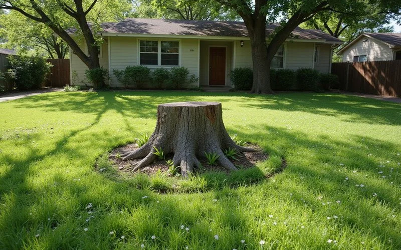 Austin spring landscape with tree stump ready for removal