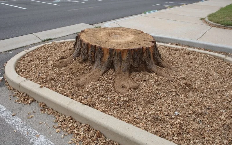 Commercial parking lot with freshly ground stump area restored to safe level surface