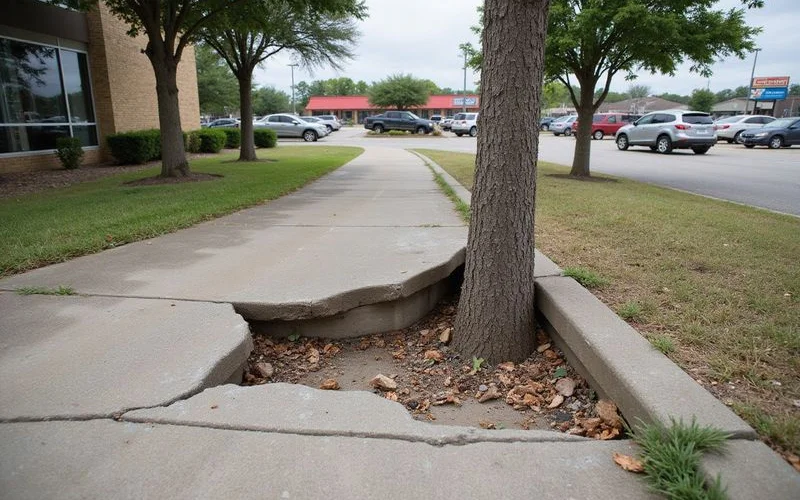 Cracked and lifted sidewalk caused by tree stump roots near Austin commercial property entrance