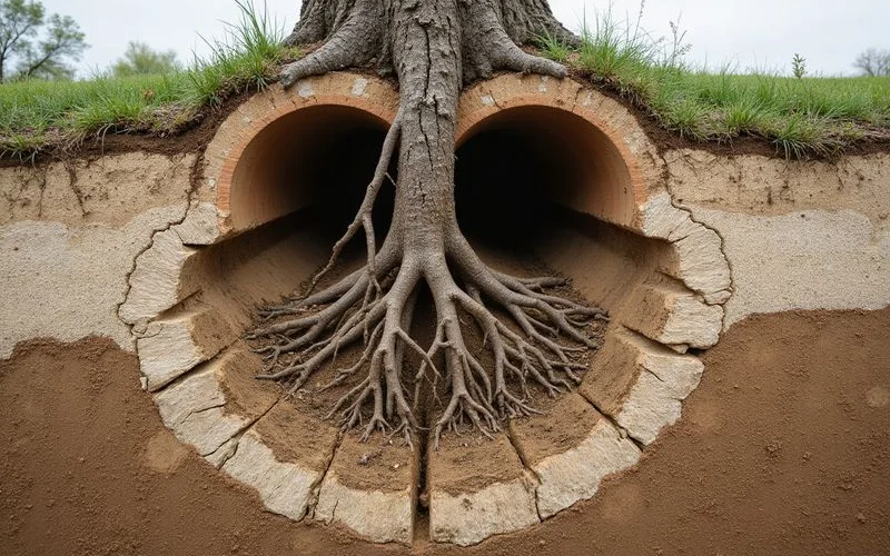 Cross section showing tree roots infiltrating a cracked clay sewer pipe underground