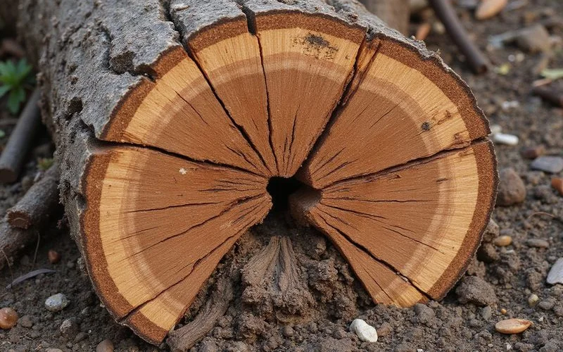 Cross section of pecan stump showing dense heartwood and wide lateral root system in Texas soil