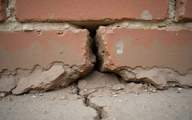 Diagonal foundation crack in brick wall caused by tree root moisture absorption in expansive clay soil