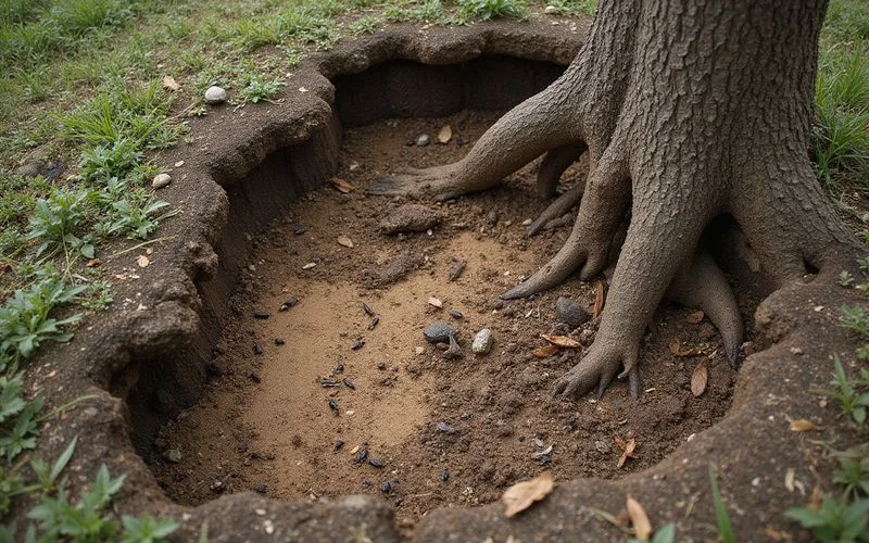 Diagram showing termite path from old tree stump to nearby house foundation
