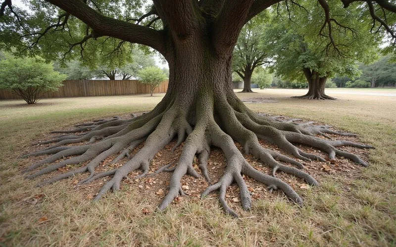 Exposed Live Oak root system spreading across an Austin yard