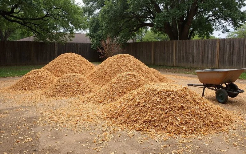 Fresh wood chip mulch piles from multi-stump grinding project ready for landscaping use