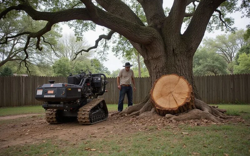 High horsepower commercial stump grinder next to a massive Live Oak stump