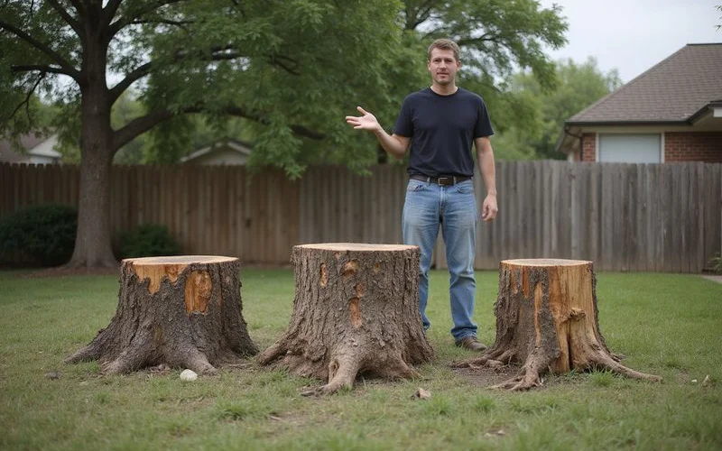 Homeowner comparing stumps of different sizes in an Austin yard