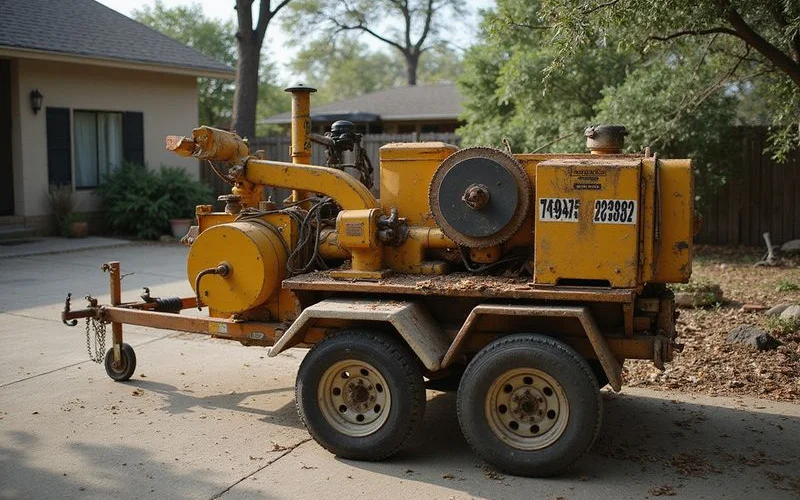 Modern commercial grade stump grinding equipment parked at Austin residential property ready for work