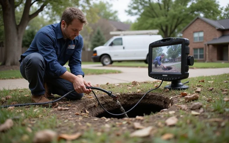 Plumber using a camera inspection tool inside a sewer line revealing tree root intrusion