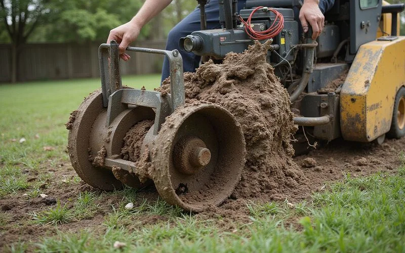 Professional root grinding machine carefully shaving surface roots level with surrounding Austin yard