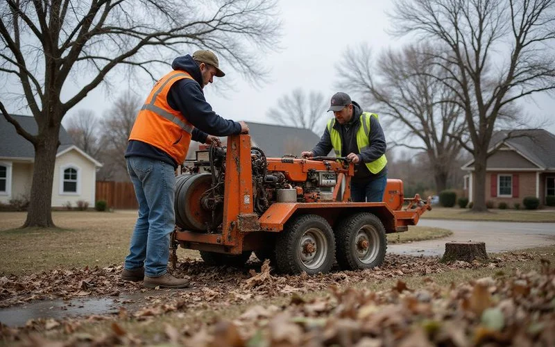 Professional crew performing stump grinding on a winter day in Austin