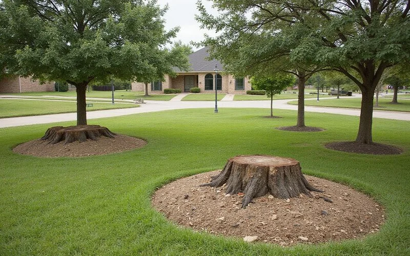 Restored HOA common area with fresh grass growing where tree stumps were professionally ground