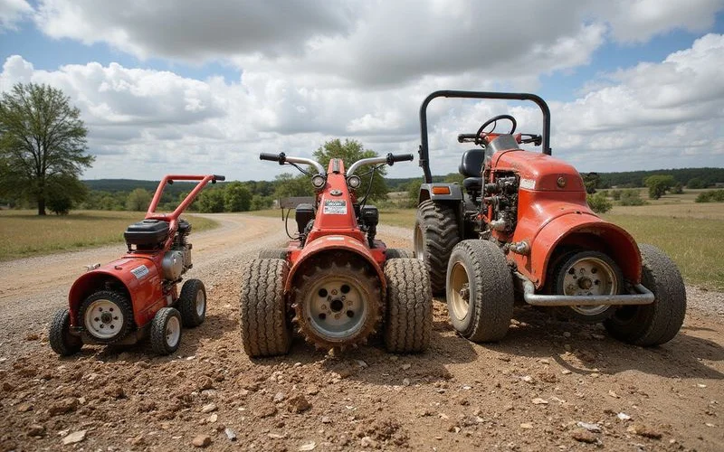 Side by side comparison of handheld walk-behind and commercial stump grinders showing size differences