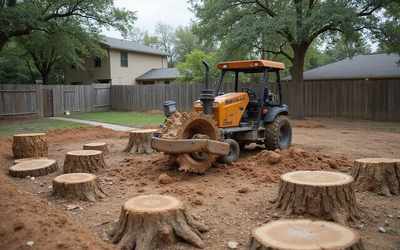 Stump grinder removing large tree stumps from a cleared lot before new foundation pour