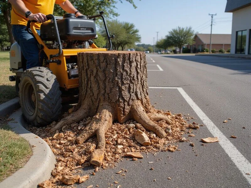 Stump grinding near commercial parking area